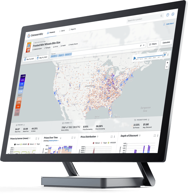 Map on monitor showing trade spend benefits gained through Datasembly CPG analytics.